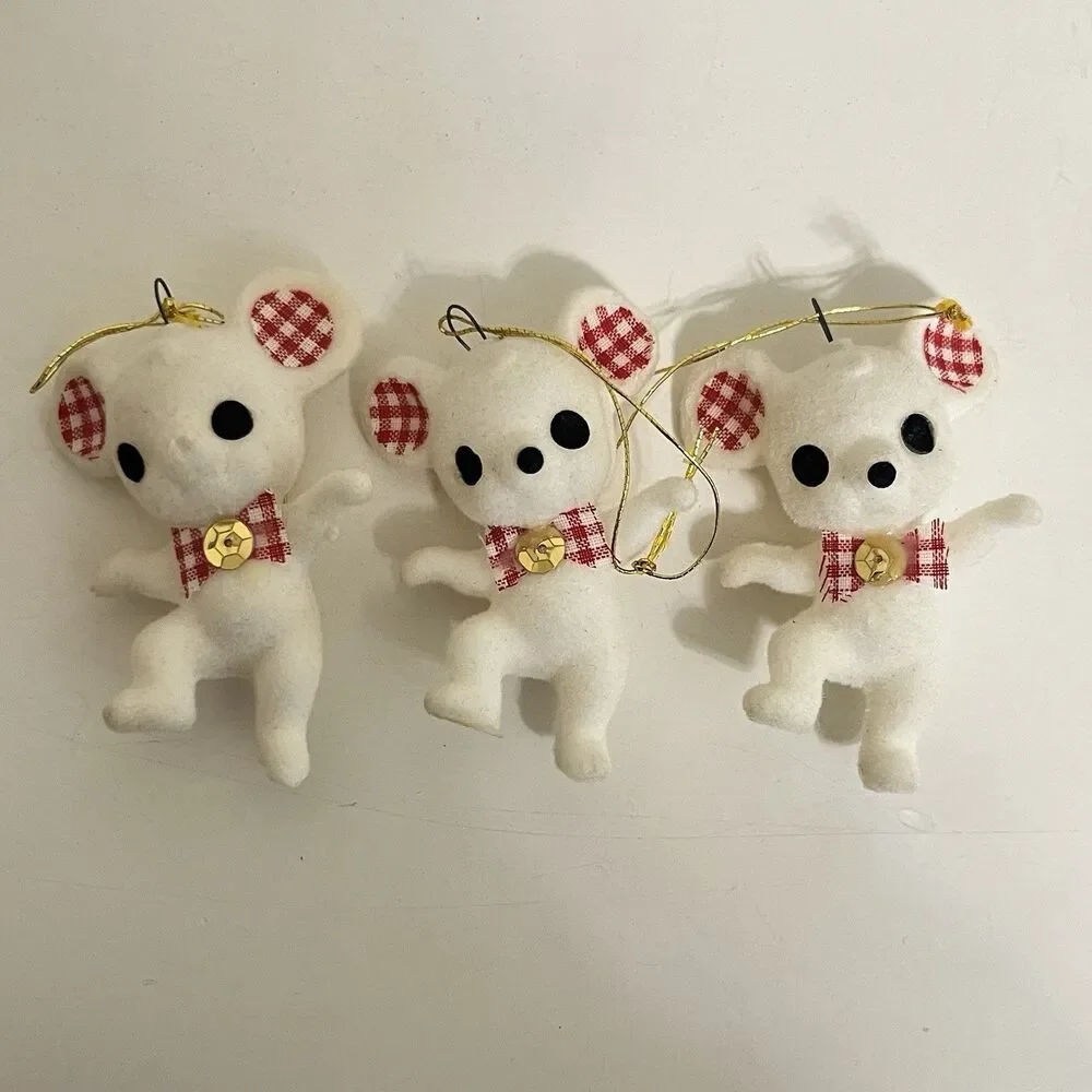 Vintage White Flocked Christmas Ornamants Japan Red Gingham Bear Mouse Elephant